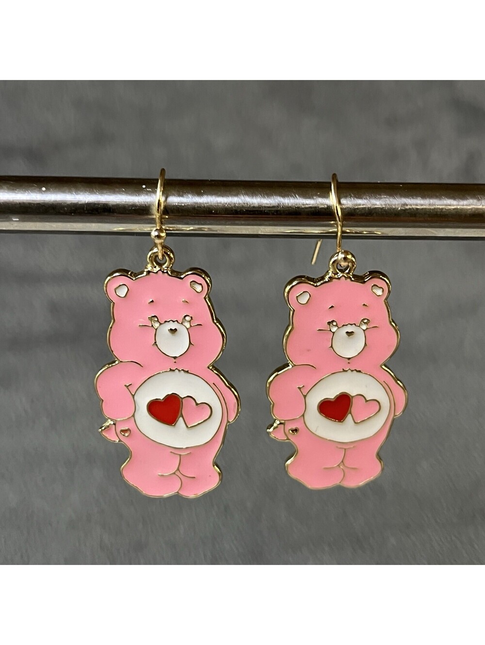 Pastel Pink Love-a-Lot Bear Enamel Dangle Earrings Gold Drop Double Heart Belly